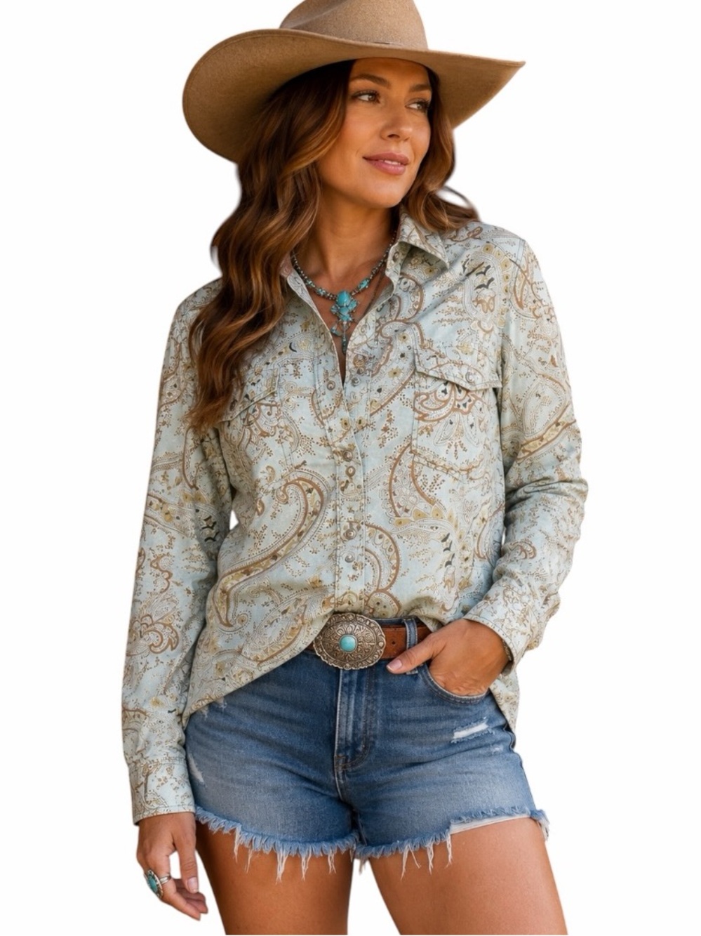 Industry Large Blue & Brown Paisley Print Western Snap Button Long Sleeve Shirt